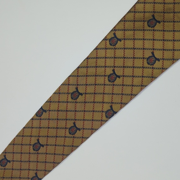 Tommy Hilfiger 90's Vintage Preppy Plaid Scattered Crest Logo Silk Neck Tie Tan - Picture 10 of 10